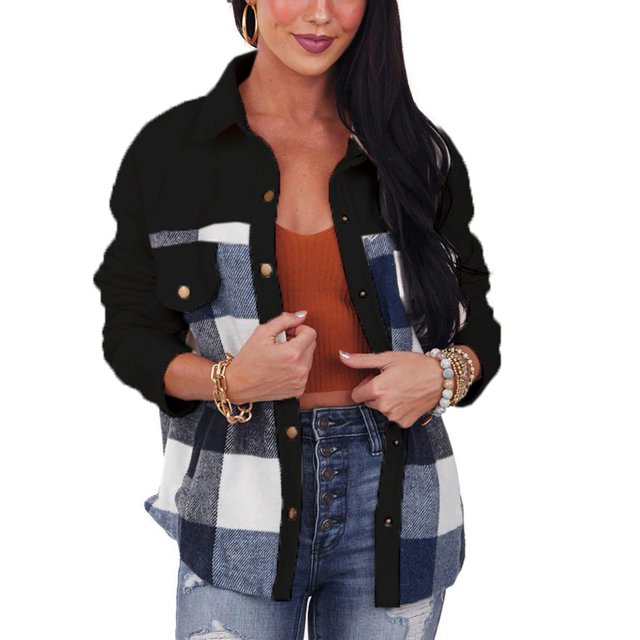 Chaqueta Estampada A Cuadros Manga Larga Bolsillo Mezclilla Cuello Vuelto Hombro Caído Abrigo Estampado A Cuadros Negro L