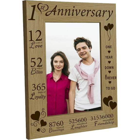 1st Anniversary Picture Frame Wood 4 x 6 Photo Frames Engraved Display Wooden Tabletop Postcard Frame for Hanging Wall Gallery Birthday Valentine's Day Anniversary Home Gifts Desk Decor DIY