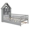 thumbnail image 4 of Twin House-Shaped Wood Platform Bed Mattress Foundation with Fence Guardrails and Trundle, Bed Frame Storage Bed w/ Wooden Slats for Boy Girl, No Box Spring Needed, 4 of 9