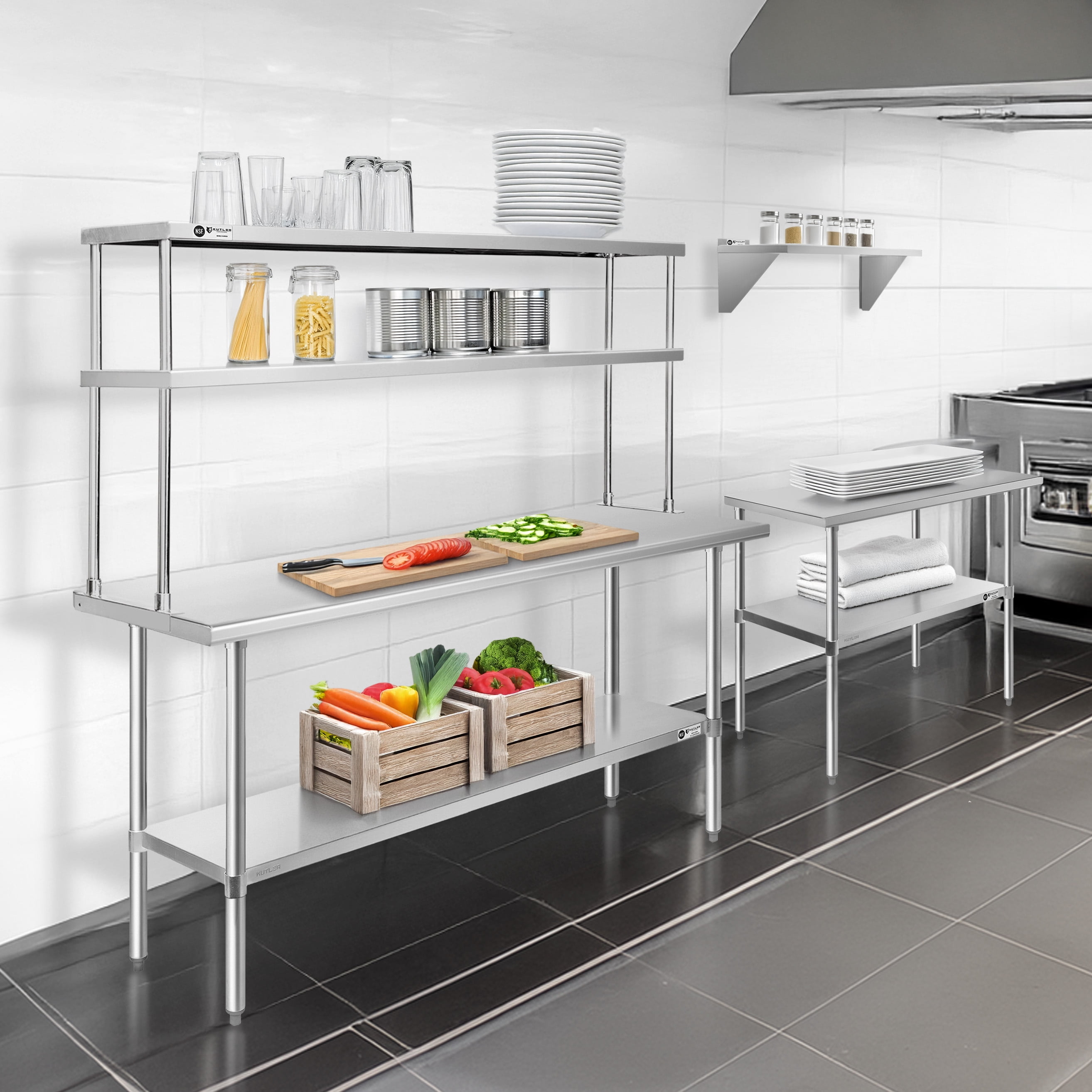 KUTLER Stainless Steel 2-Tier Overshelf 72" x 12", NSF Commercial Double Deck Shelf for Prep and Work Tables for Restaurant, Kitchen, Workshop