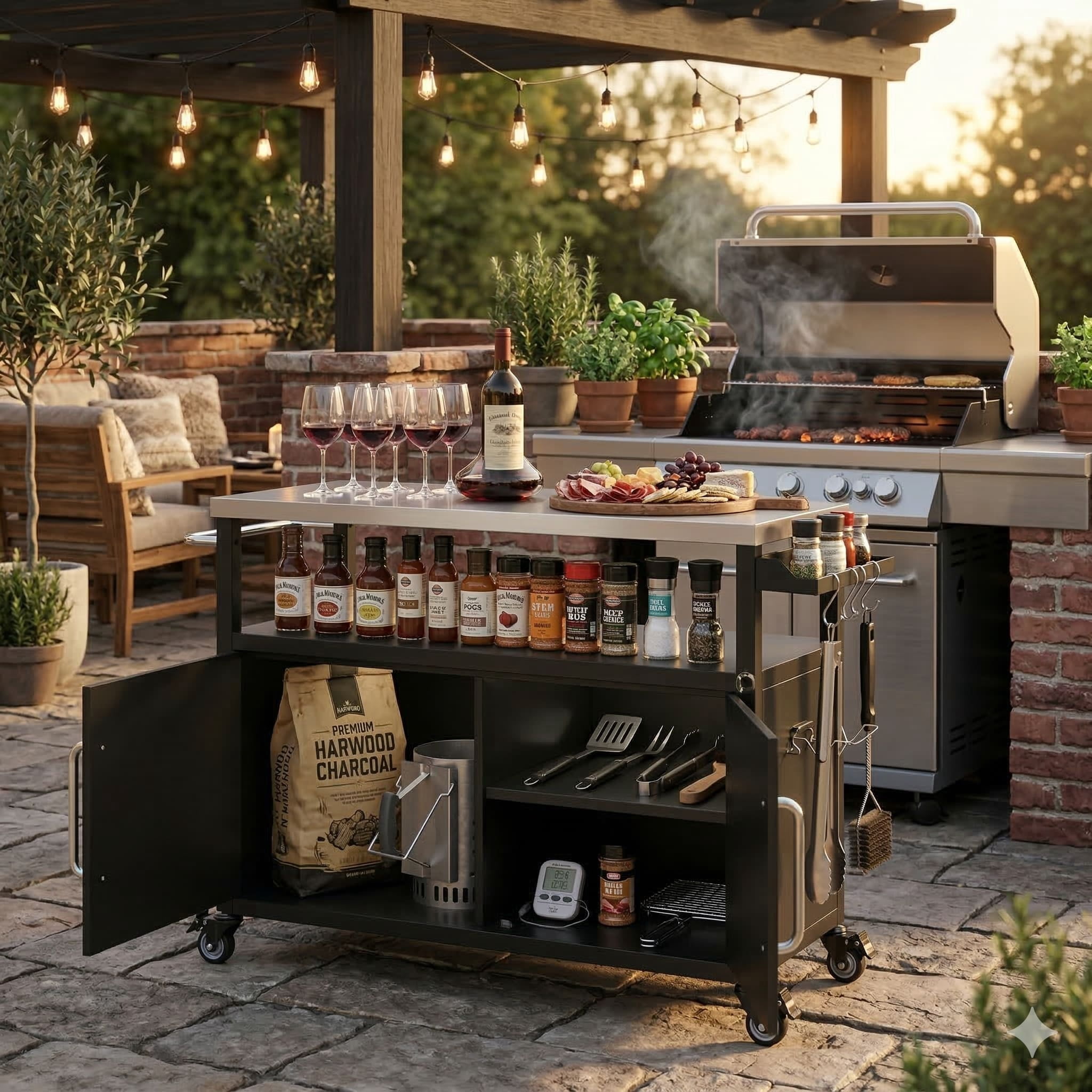 Homy Casa Outdoor Grill Cart with Stainless Steel Top, Rolling Outdoor Kitchen Cart with Storage Cabinet and Hooks