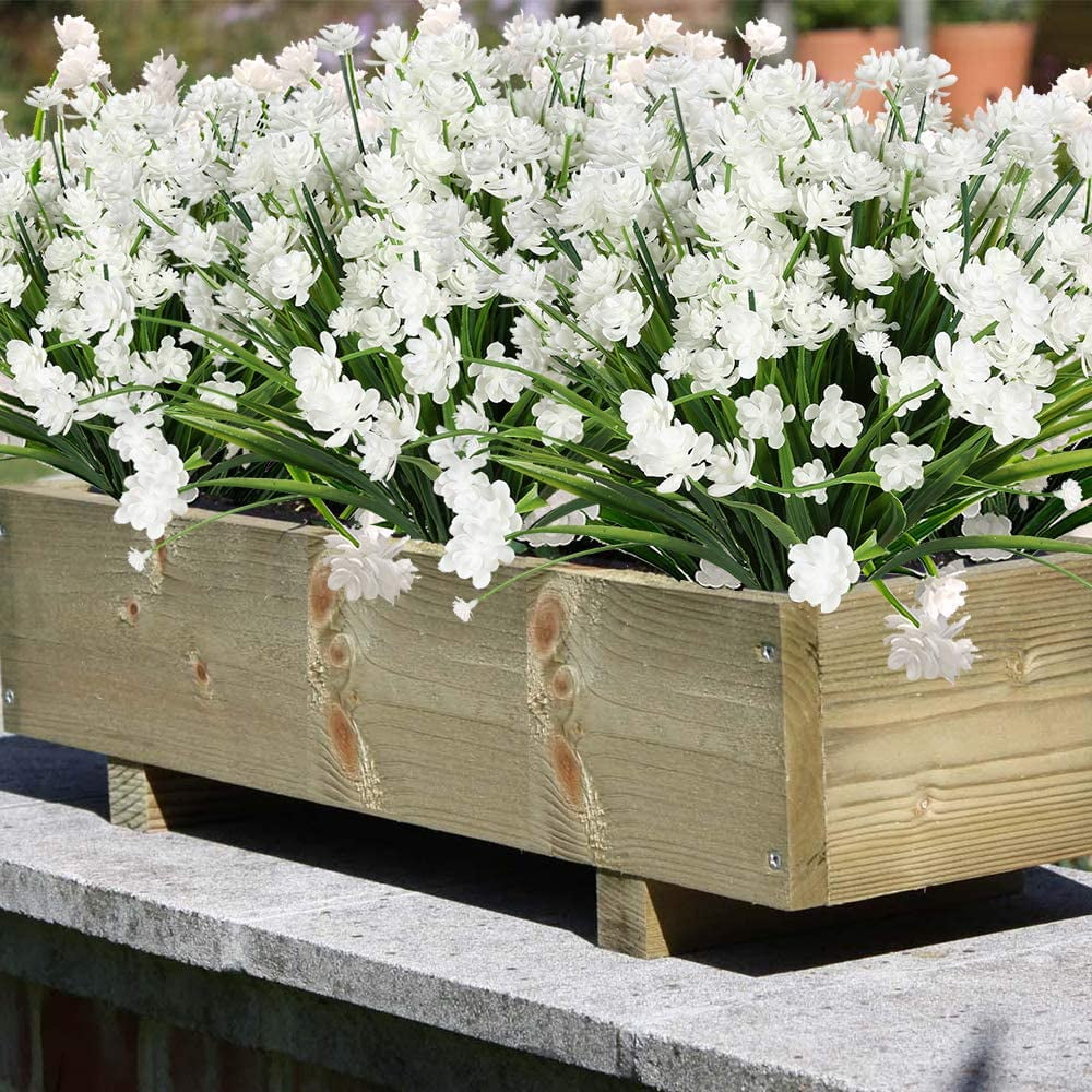 ZOELNIC 20 Bundles Artificial Fake Flowers, Plastic Flowers for Outdoors Decoration, UV Resistant Faux Flowers Shrubs, Artificial Plants for Indoor Outside Garden Home Wedding Farmhouse, White