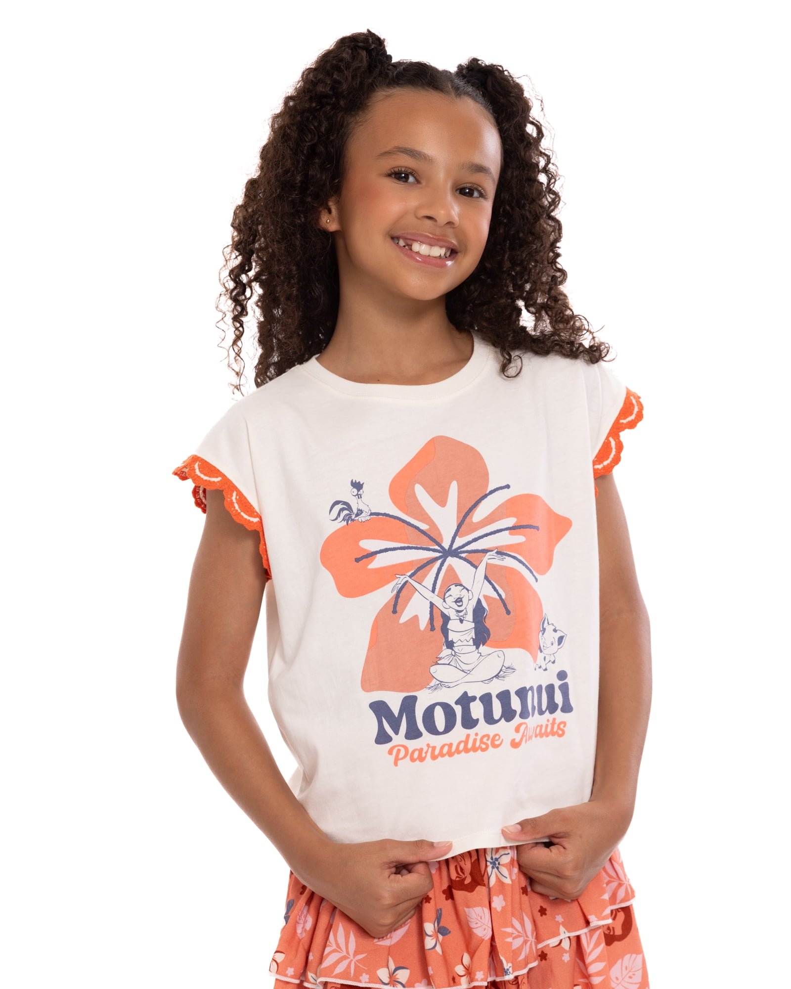 Disney Moana Girl’s Crochet Trim Crewneck Tee with Dolman Sleeves, Sizes 4-16
