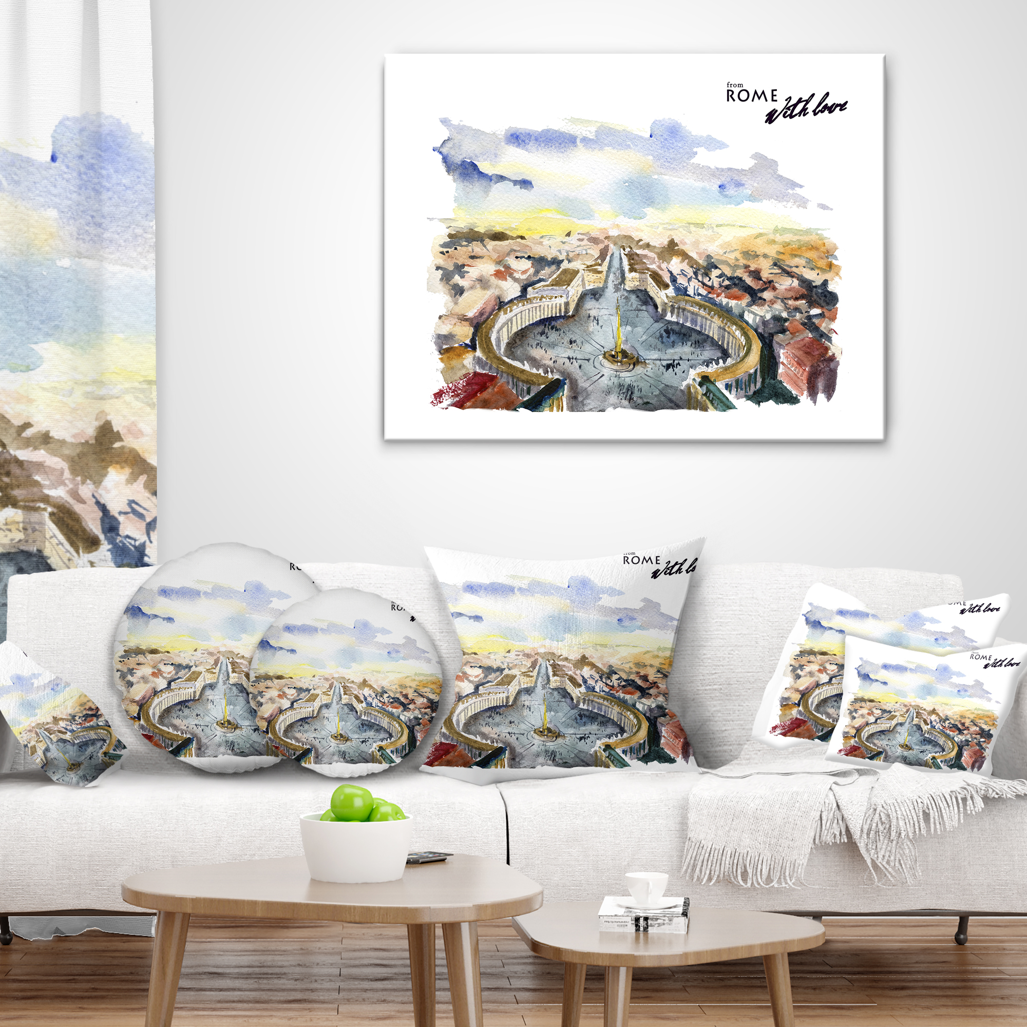 Designart Rome Hand drawn Illustration - Cityscape Painting Throw Pillow - 12x20
