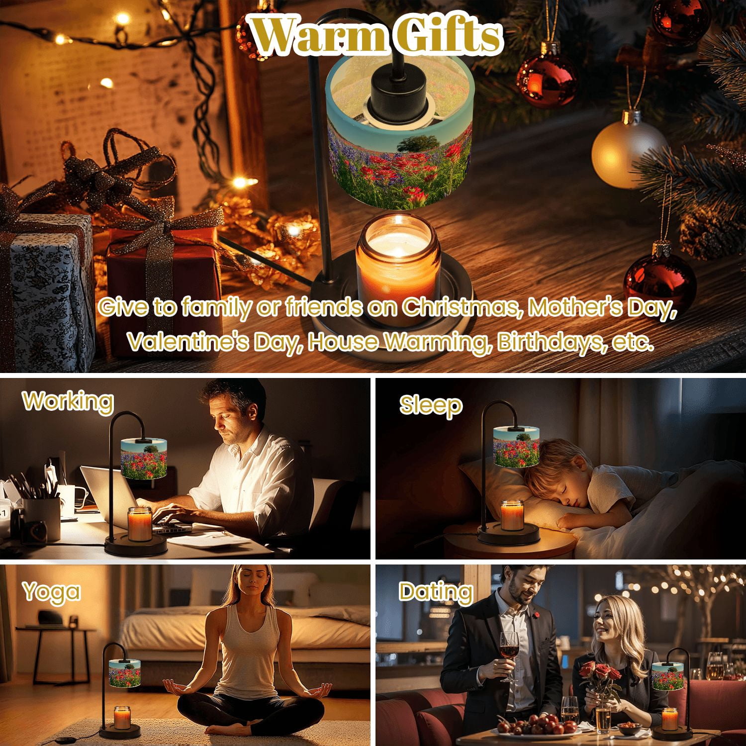 Candle Warmer Lamp with Timer Dimmer Bluebonnets Paintbrush wildflowers color Texas Hill Country Candle Lamp Warmer for Jar Candle with 4 Bulbs Gifts for Women House Warming Gifts
