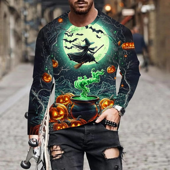 FDGIU Men's Halloween Graphic Tees Men Casual Round Neck Long Sleeve Pullover Halloween Printed T-Shirt Blouse Tops Casual Shirts