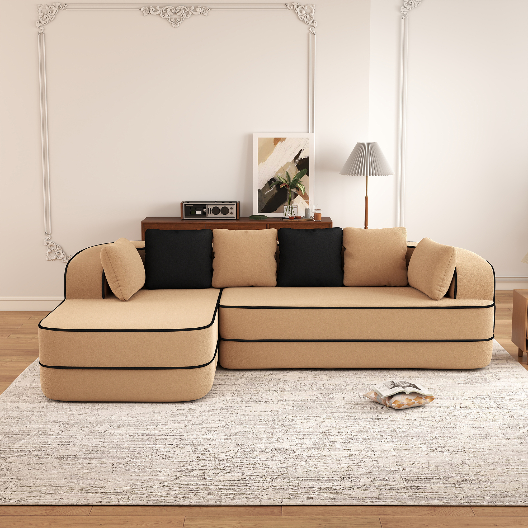 Aukfa 106" 2-Piece Modular Sectional Sofa for Living Room, Right Chaise, Plush Teddy Velvet, Camel