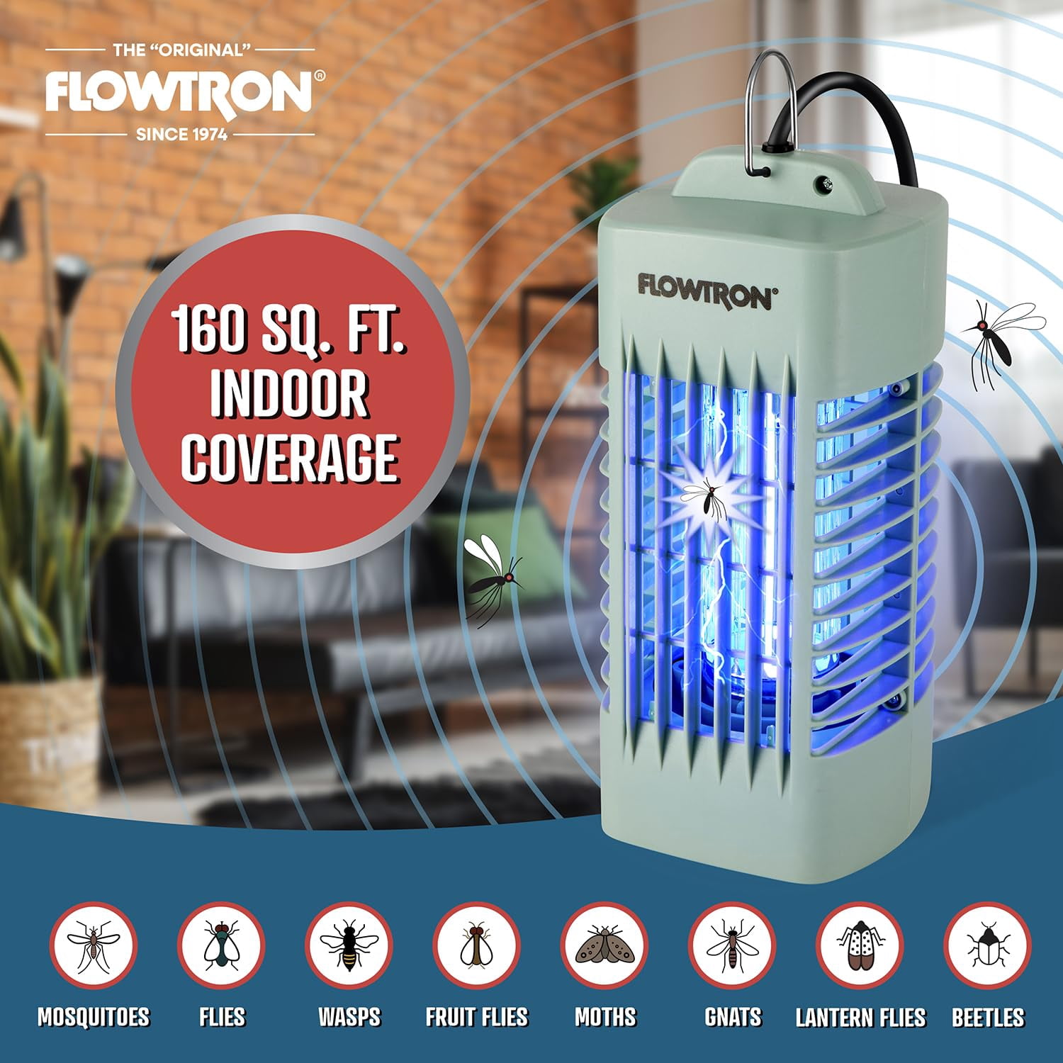 Flowtron Indoor Bug Zapper 1000V UV Light Mosquito & Fly Trap Plug-In for Home 160 Sq Ft