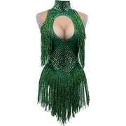 AODS Sparkly Diamante Fringe Bodysuit Women Sexy Dancer Celebrate Outfit Prom Bar Birthday Nightclub Drag Queen Costume Green