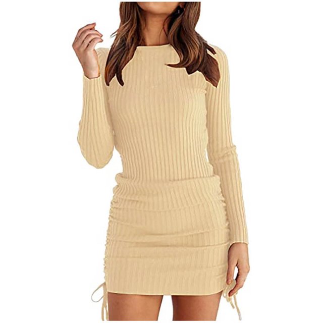 Women's Long Sleeve Ribbed Knit Dress Crewneck Solid Wrap Dresses Drawstring Slim Fit Fall Pencil Mini Bodycon Dress