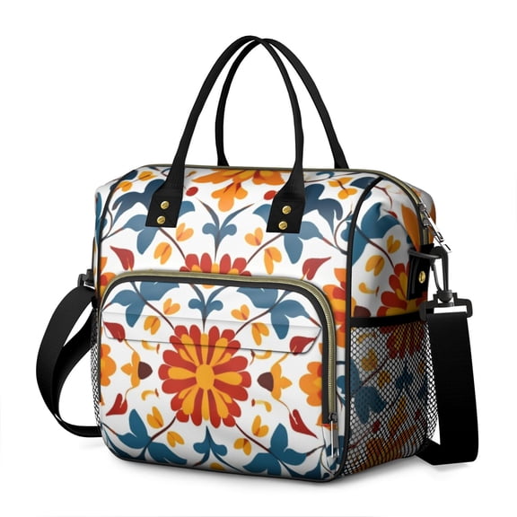 OBREWU Red and Blue Pioneer Flower Modern Art Geometric Women's Insulated Leakproof Large Lunch Bag, Oxford Cloth