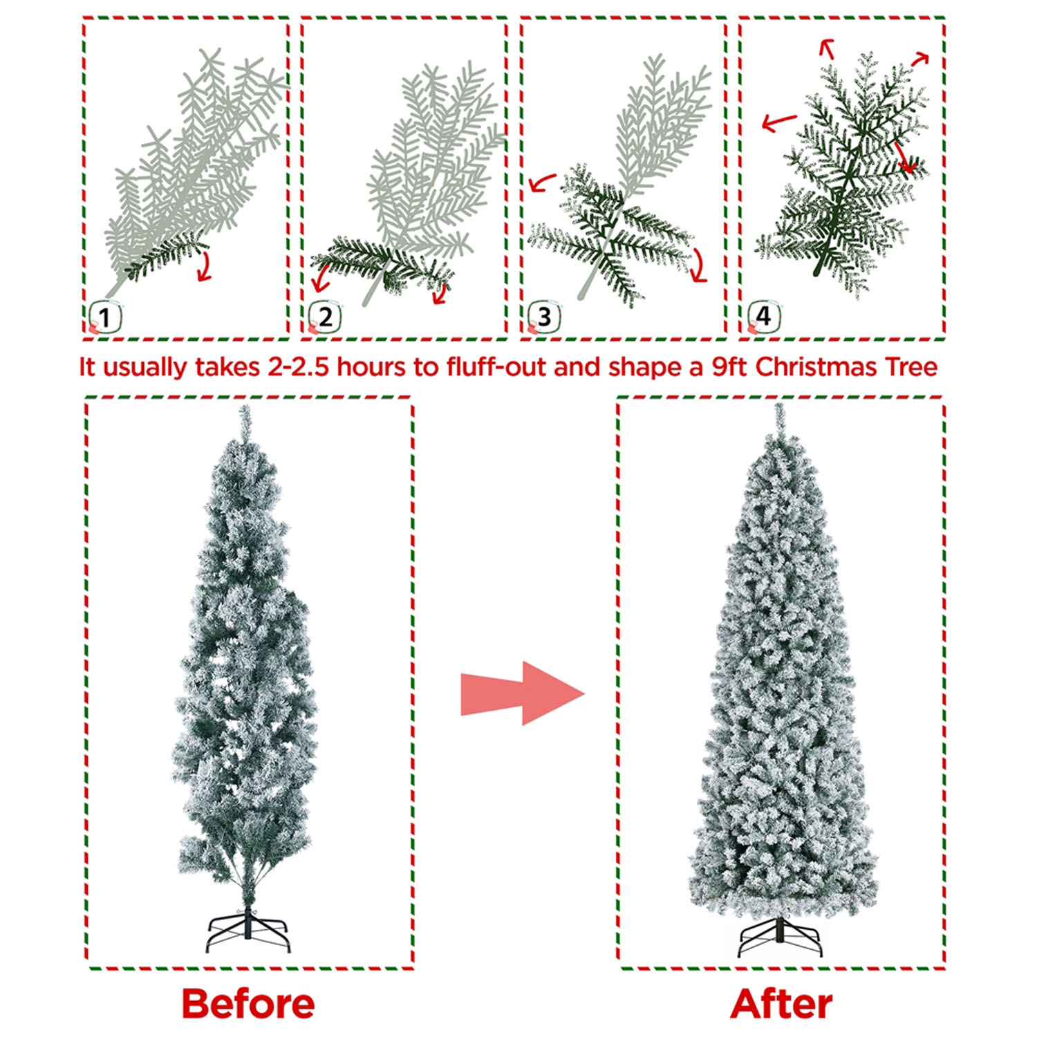 Alden Design 9ft Pre-Lit Flocked Pencil Christmas Tree with Warm White LED Lights, Green