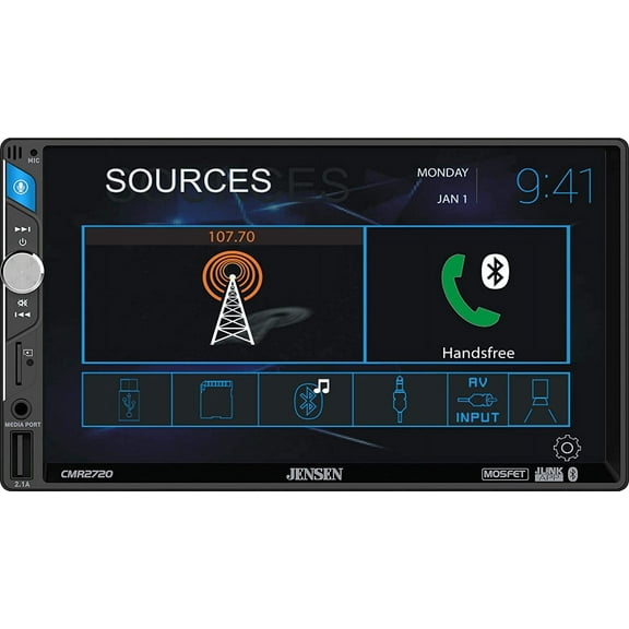 Jensen CMR2720 7" Digital Media Receiver with Built-in Bluetooth | 2.0 DIN | Push-to-Talk Voice Activation | 200 Watts (50 Watts x 4) | J-Link Smart Remote App | USB Input with Charging