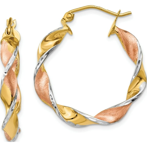 14K Tri-Color & Rhodium Twisted Hoop Earrings (19 X 25) Made In Indonesia tm408