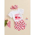 thumbnail image 3 of Musuos Baby Girls First Birthday Sweet Outfits 6M 12M 18M Strawberry Print Short Sleeve Romper and Elastic Shorts Headband 3 Piece Summer Clothes, 3 of 10