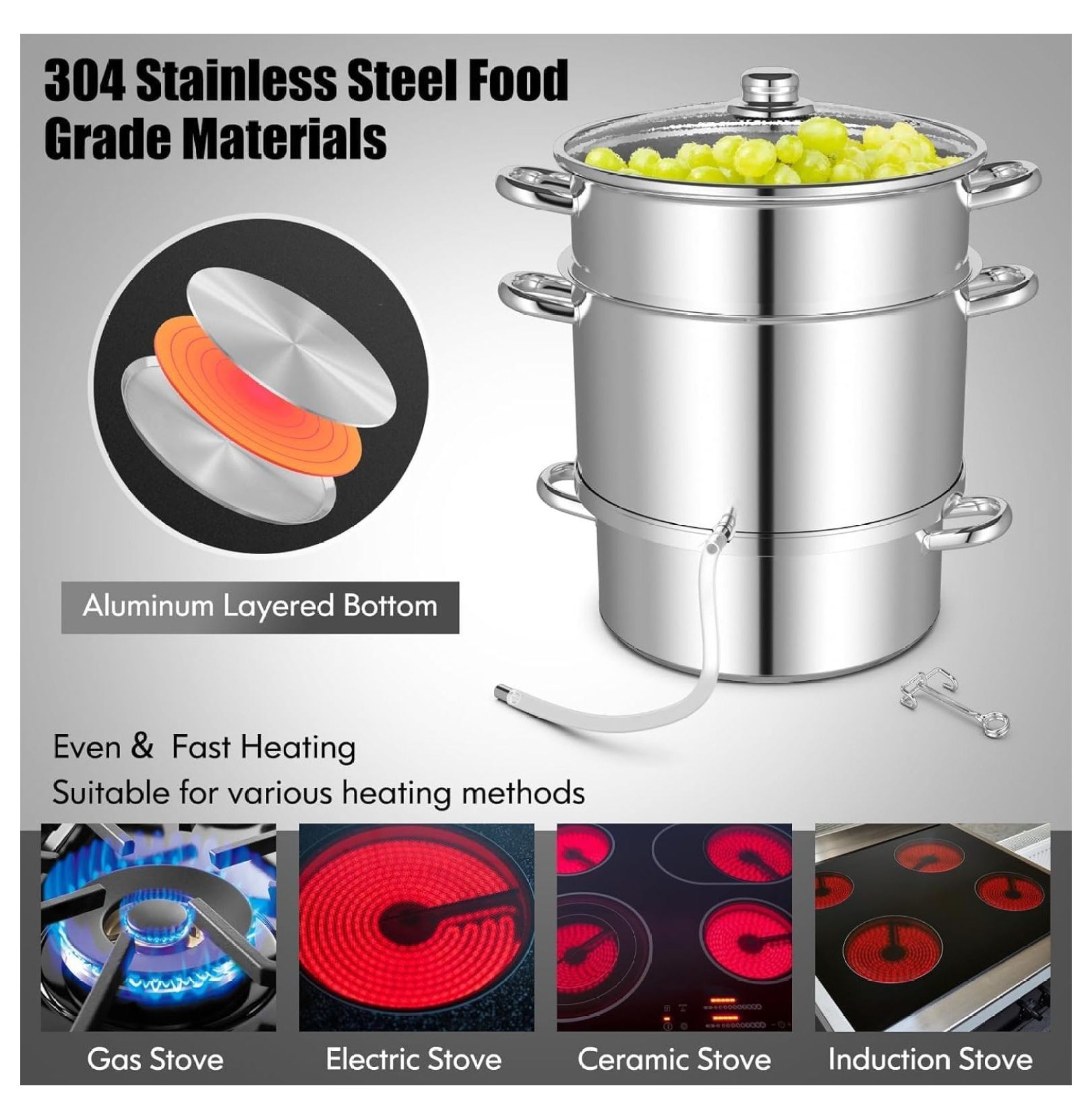 11-Quart Juicer Stainless Steel, Steamer Extractor Pot for Fruit Vegetable Canning with Tempered Glass Lid, Hose, Clamp, Loop Handles, Silver