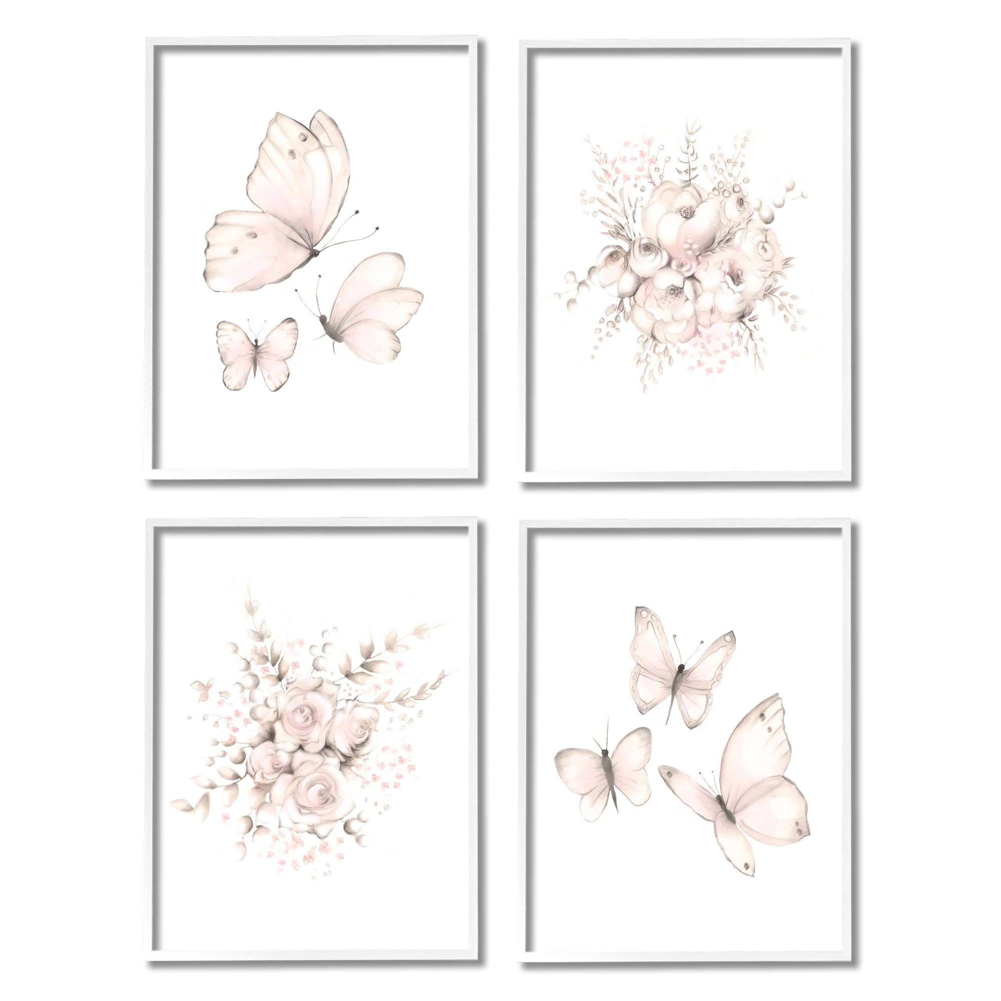 Stupell Industries Pastel Floral Blossoms Butterfly Insect Nature Painting Graphic Art White Framed Art Print Wall Art, Set of 4, Design by Studio Q