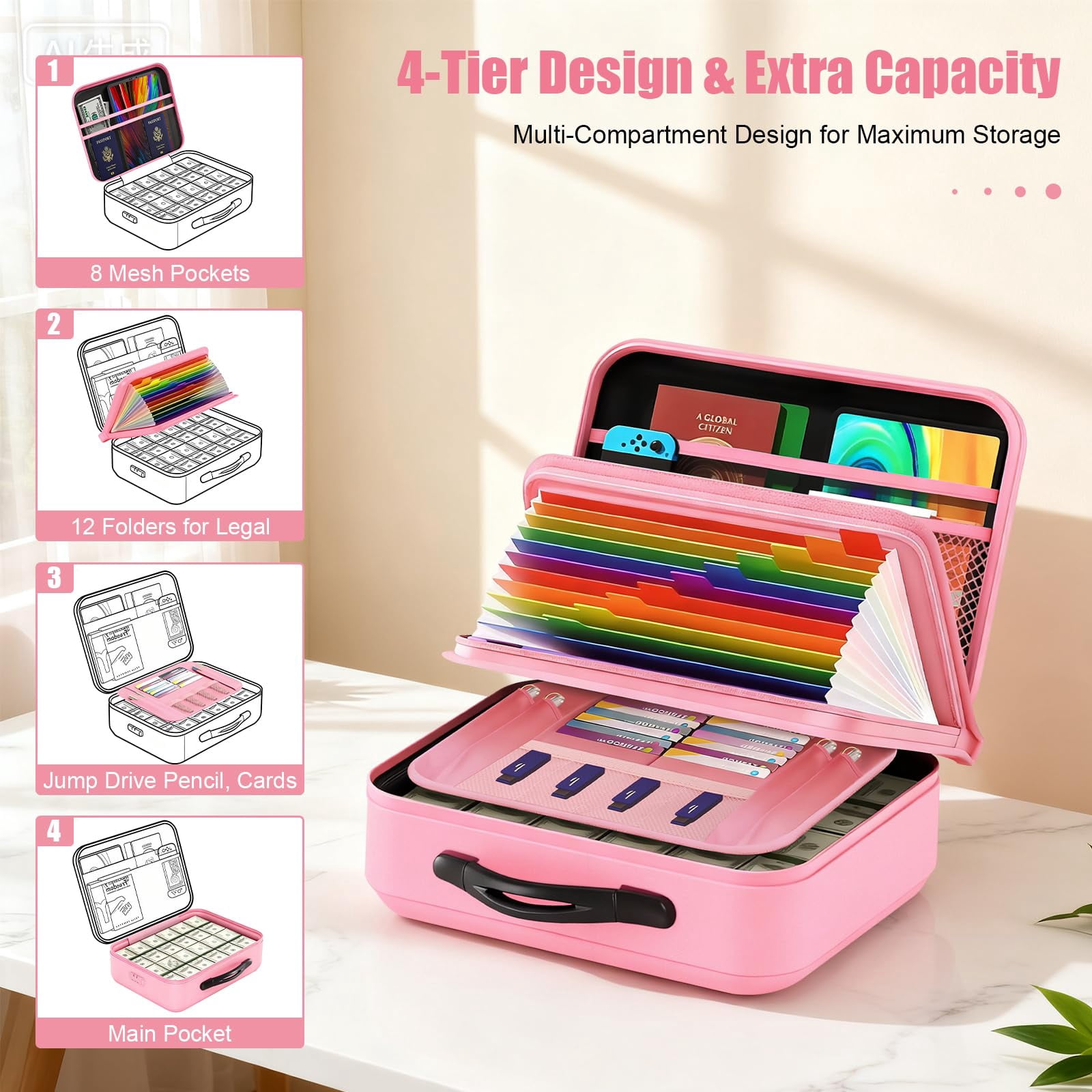 TeSabMi Fireproof Document Box with Lock, 5200°F Fire Proof Safe for Home Documents, Hard-Shell Fireproof & Waterproof Safe Box for Important Files Pink