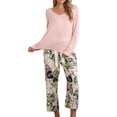 thumbnail image 1 of Conjunto de ropa de dormir de manga larga para mujer, cuello redondo, informal, lavable a máquina, conjunto de pijama para mujer, rosa, M, 1 of 6