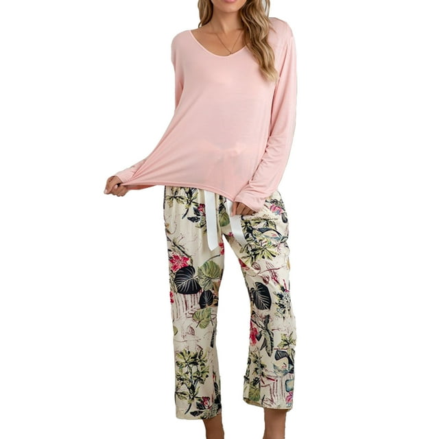 Conjunto de ropa de dormir de manga larga para mujer, cuello redondo, informal, lavable a máquina, conjunto de pijama para mujer, rosa, M