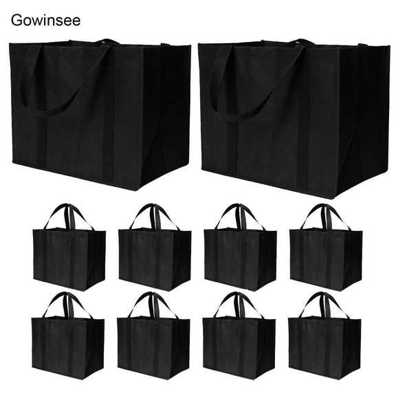 Gowinsee 10 pcs Reusable Eco Bags, 35L Large Reusable Grocery Bags Large Tote Bags are Foldable Black