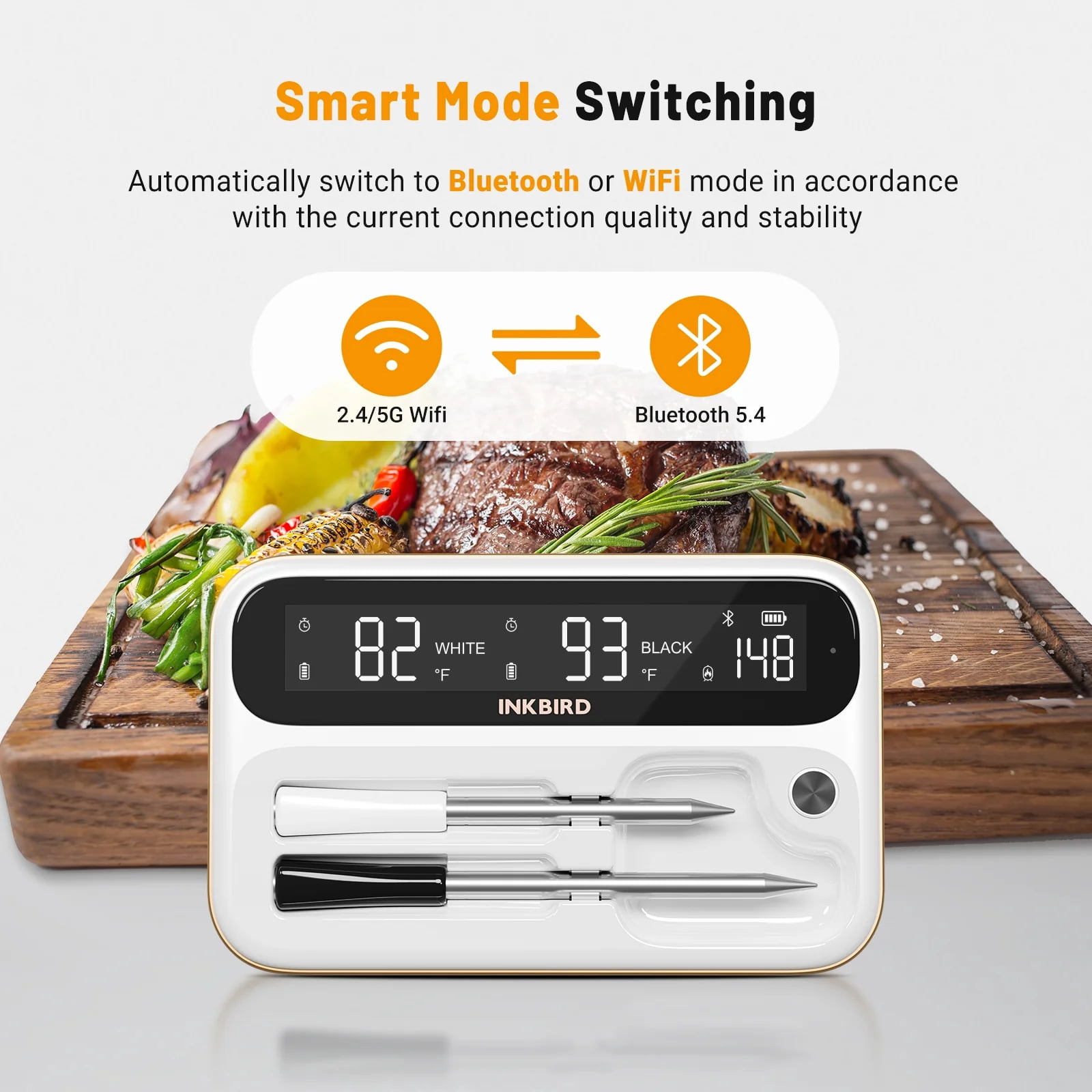 INKBIRD 5GHz & 2.4GHz WiFi Wireless Meat Thermometer with 2 Size-Coded Probes and Unlimited Range,Bluetooth 5.4 Thermometer with 360° Readable LCD-Enhanced Booster,White