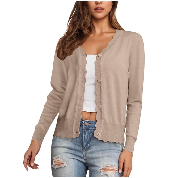 UYISJ Cardigan Sweaters for Women V Neck Scalloped Long Sleeve Button Down Knit Cardigan Casual Lightweight Shrugs Sweater Jackets Khaki XL