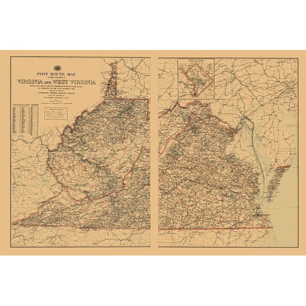 Virginia, West Virginia Postal Routes USPS 1896 Poster Print by USPS