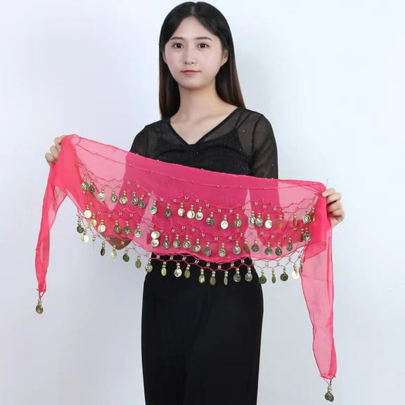 1pc 72 Coin Sequins Gauze Belly Dance Waist Belt Golden Cerise 1400~1600mm