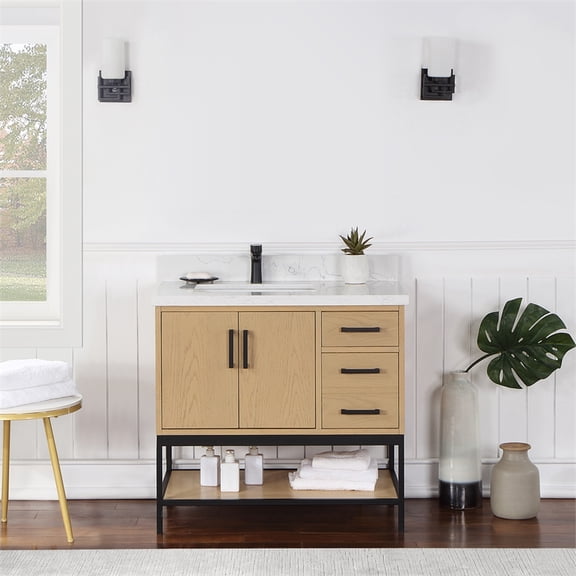 Wildy 36" Single Bathroom Vanity Set in Washed Oak with Grain White Composite Stone Countertop without Mirror