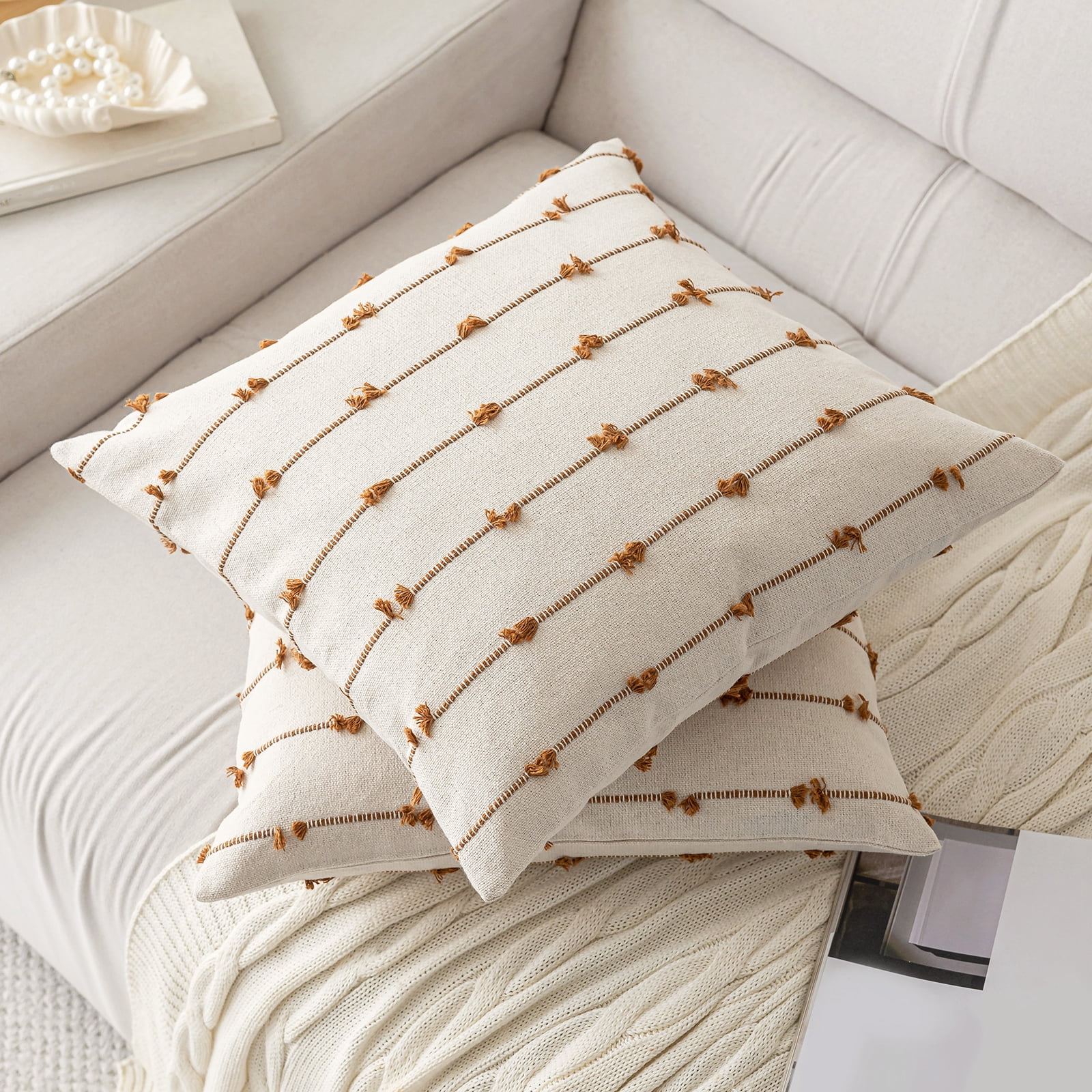 Skodaer Boho Throw Pillow Covers 12"x20" Set of 2 Modern Farmhouse Decorative Cushion Case Tufted Square Pillows Cover Neutral Pillow Cases Accent Pillowcase for Sofa, Couch, Bed,Brown