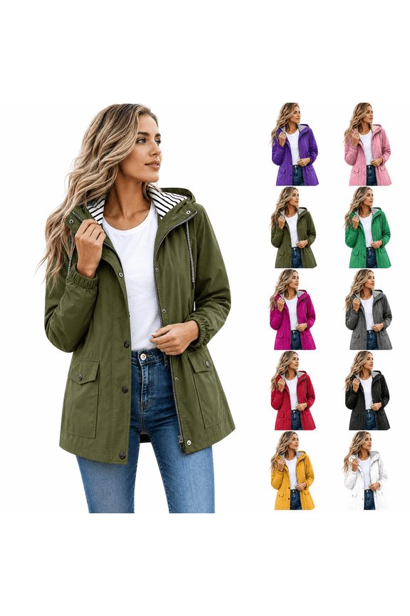Women's Waterproof Hiking Jacket Hooded Windbreaker with Drawstring Waist and Pockets Army Green Size L