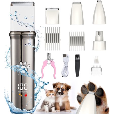 4-in-1 Dog Grooming Clippers Kit USB Rechargeable Cordless Dog Clippers Low Noise Electric Pets Hair Trimmers Nail Grinder Waterproof and Washable for Dogs Cat any part of the body with LED Display