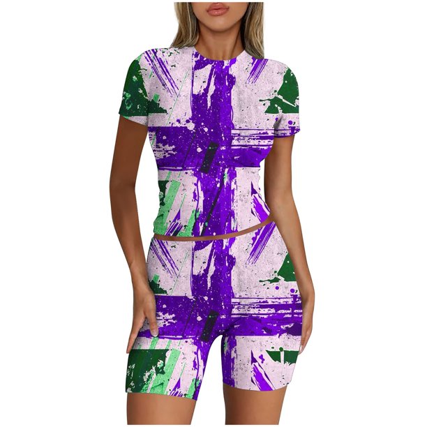 Blusas para Mujeres Casual Sólido Manga Corta Blusa de Cuello Redondo Y Pantalones Cortos Cintura Elástica Set de Dos Piezas