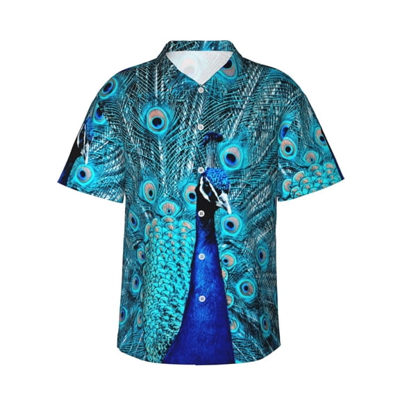 Xecao Beautiful Blue Peacock Print Hawaiian shirt - A Stylish Short-Sleeve Button-Down for Men, Perfect for Casual Beach and Tropical Outings.,Small