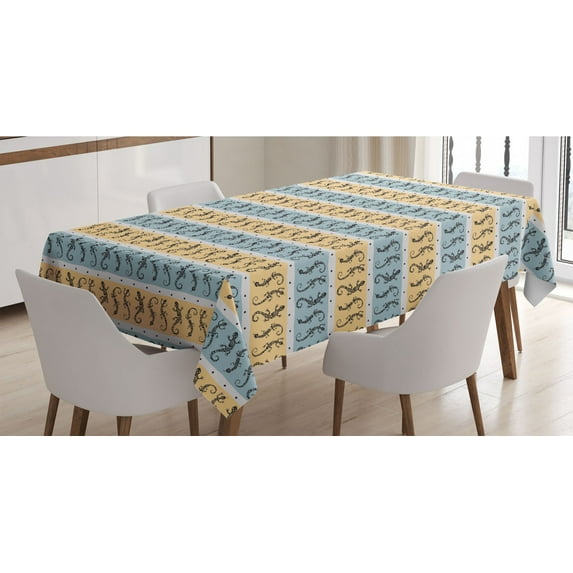 Gecko Tablecloth, Silhouettes of Lizards with Swirls and Dots on Horizontal Stripes, Rectangle Satin Table Cover Accent for Dining Room and Kitchen, 60" X 90", Sand Brown Pale Blue, by Ambesonne