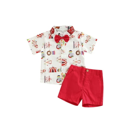 

Toddler Baby Boys Gentleman Outfits Printed Short Sleeve Button Down Shirts with Bow Tie +Shorts Set