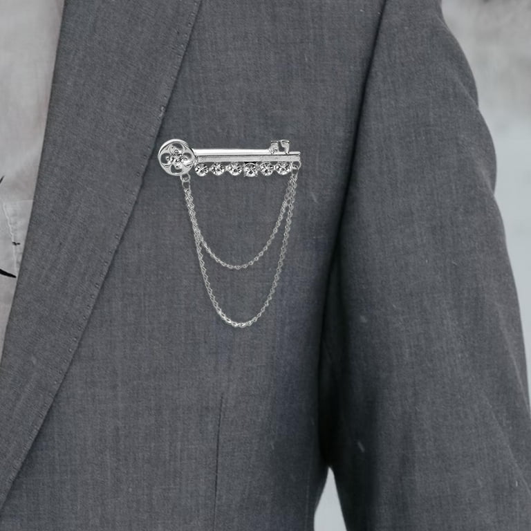 Key Shaped Mens Brooches Pins with Chains Collar Lapel Pin Brooch
