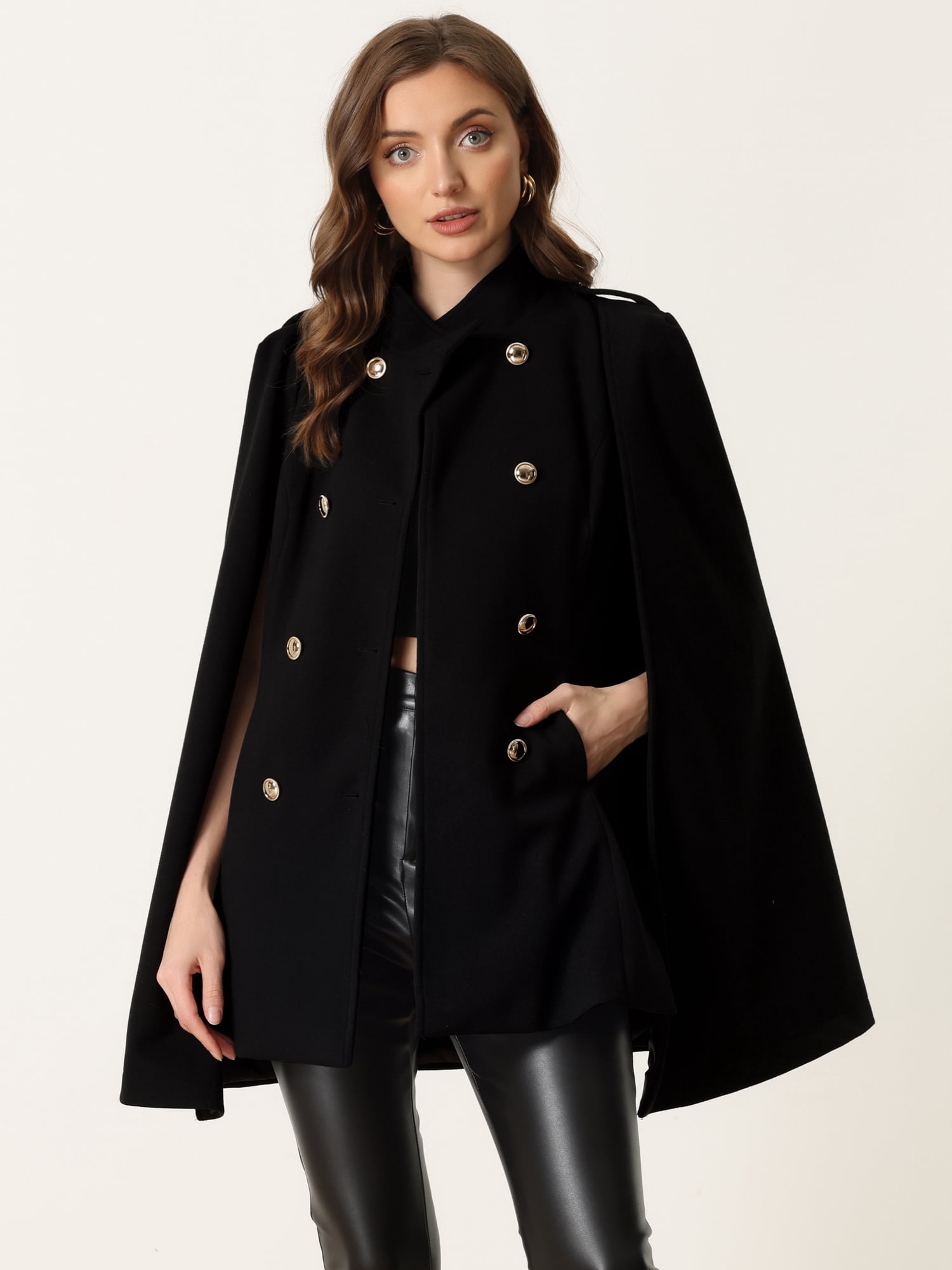 DARING DIVA Women's Winter Slit Sleeve Double Breasted Cloak Coat Black S