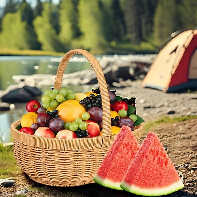 Multipurpose Woven Picnic Fruit Basket With Handle Lightweight Portable Imitation Rattan Storage Shopping Camping Outdoor Vegetable Fruit Sundries Organizer Decorative Basket