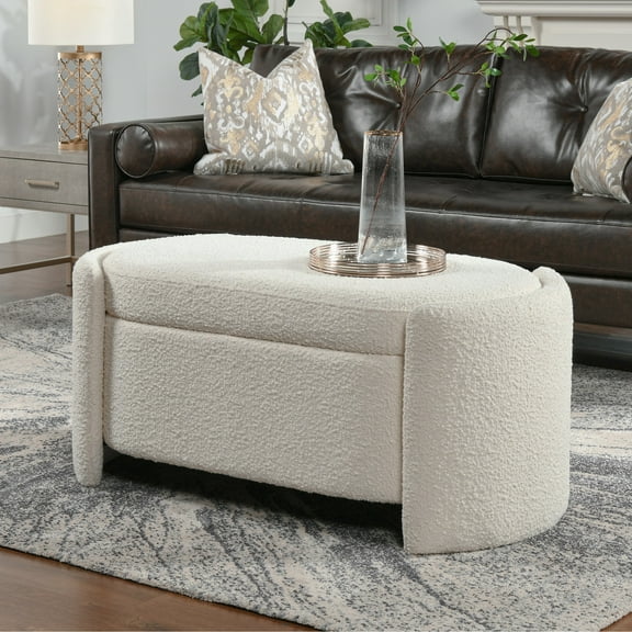 Jennifer Taylor Home Fuji 44" Upholstered Boucle Oval Storage Bench Ivory White