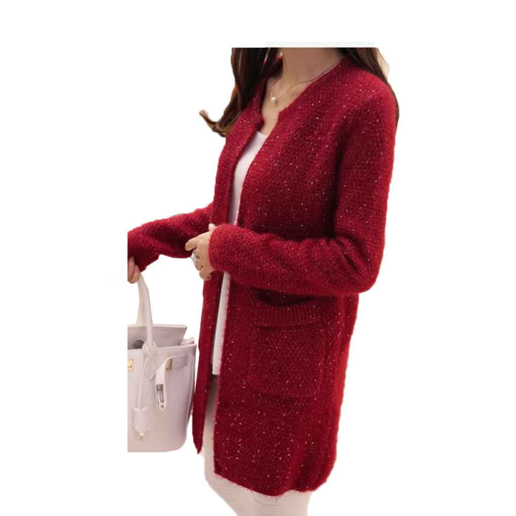 Women Spring/Autumn Mid Length Sweater Long Sleeve Cardigan Korean Slim  Pocket Loose Knit Sweater Coat