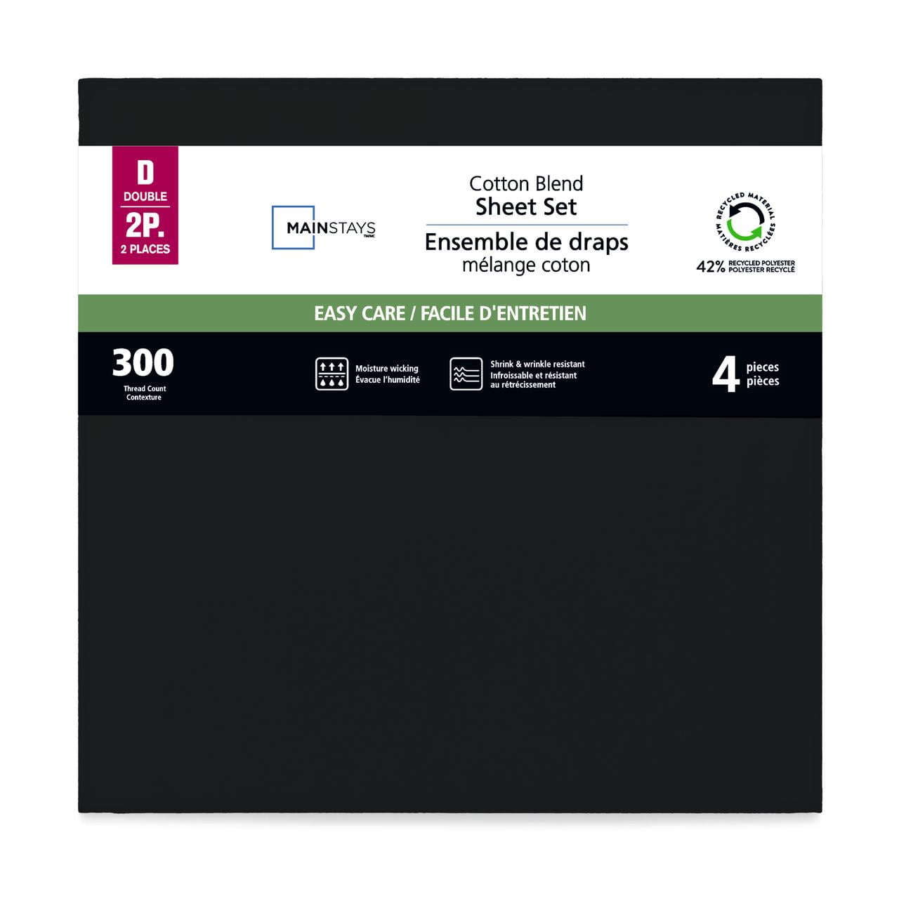 Mainstays 4-Piece 300 Thread Count Black- CVC Cotton Blend Bed Sheet Set, Queen (Adult), Queen Sheet Set