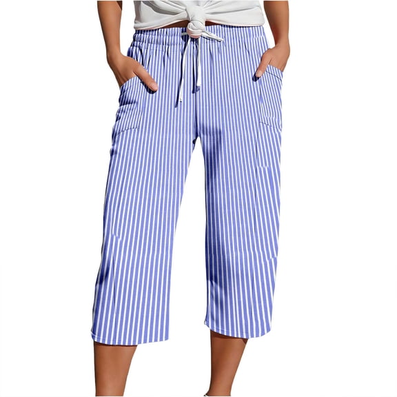 CAIVO Women Summer Capri Pants Fashion Striped Print Button Casual Versatile Drawstring Loose Ankle Length Pants Breathable Trousers