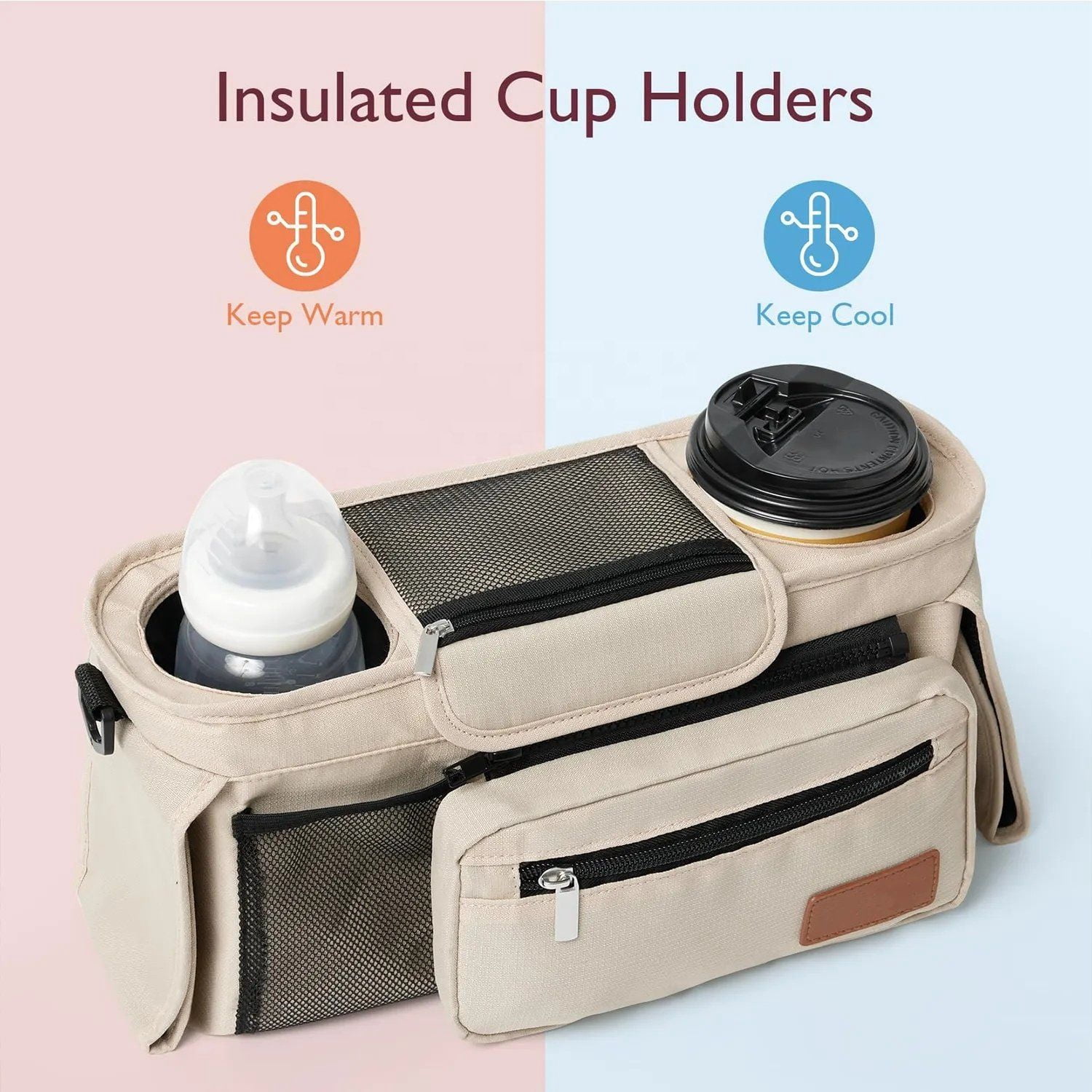 Momcozy Universal Stroller Organizer Multi-functional 3 in 1 Insulated, Adjustable Set with Detachable Phone Bag & Shoulder Strap, Khaki