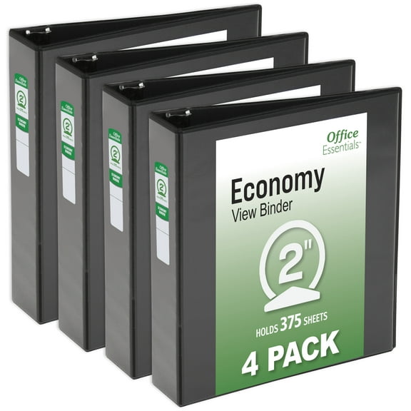 Office Essentials Economy View 3 Ring Binders, 2" Round Rings, 2.8" Spine, 375-Sheet Capacity, Black Binders (4-Pack of 03147)
