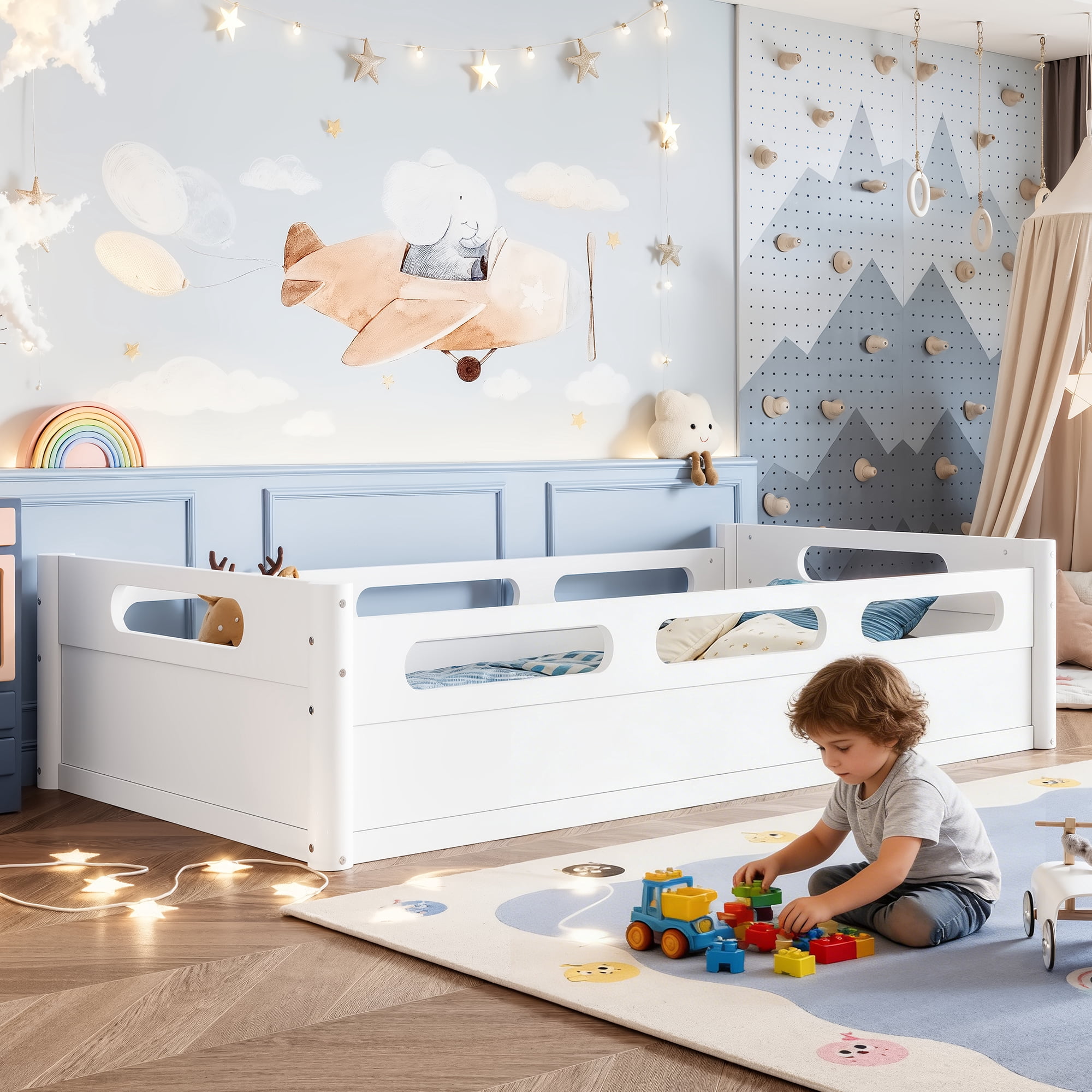 Twin Size Floor Platform Bed with Full-length Guardrails, Low Profile Twin Bed Frame, No Box Spring Needed, White