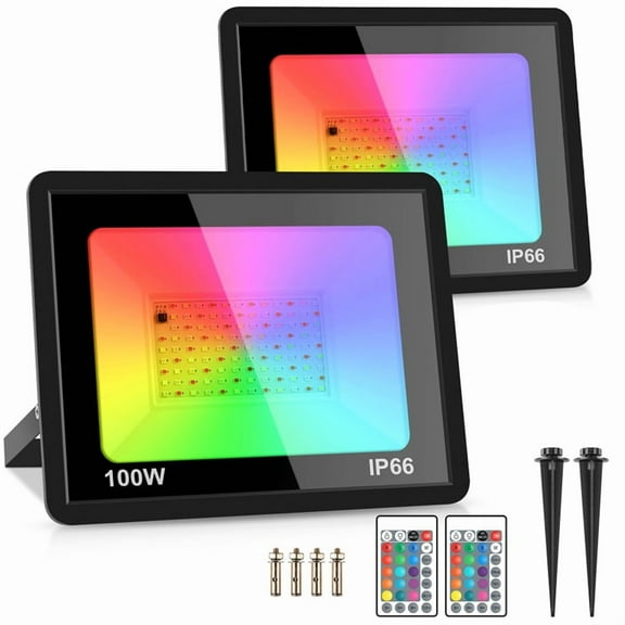 2 Pack 100W RGB LED Flood Lights IP66 Waterproof Color Changing Floodlight with Remote for Party, Halloween 220V,2 * Floodlights 2 * Ground Stakes 4 * Screws 2 * Remote,Black