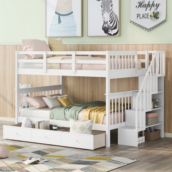 Miekor Furniture Stairway Full-Over-Full Bunk Bed with Drawer, Storage and Guard Rail for Bedroom, White No4701