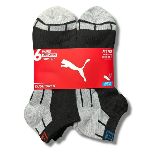 PUMA SOCKS MEN'S - LOW CUT - CUBE 253 - BLACK RED BLUE - LARGE (10-13) PACK 6 XX